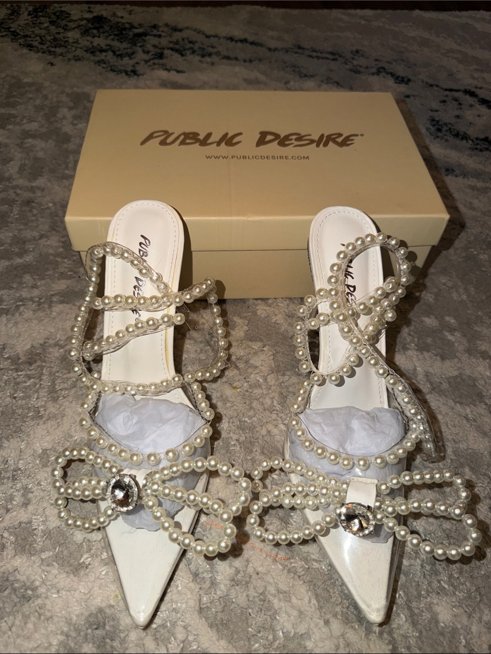 Public Desire Cream Pearl-Strap Pointed Heels with Bow Crystals